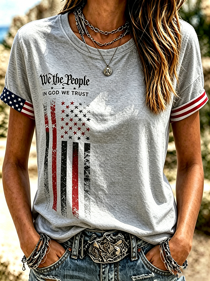Women's Floral American Flag Printed Casual T-shirt