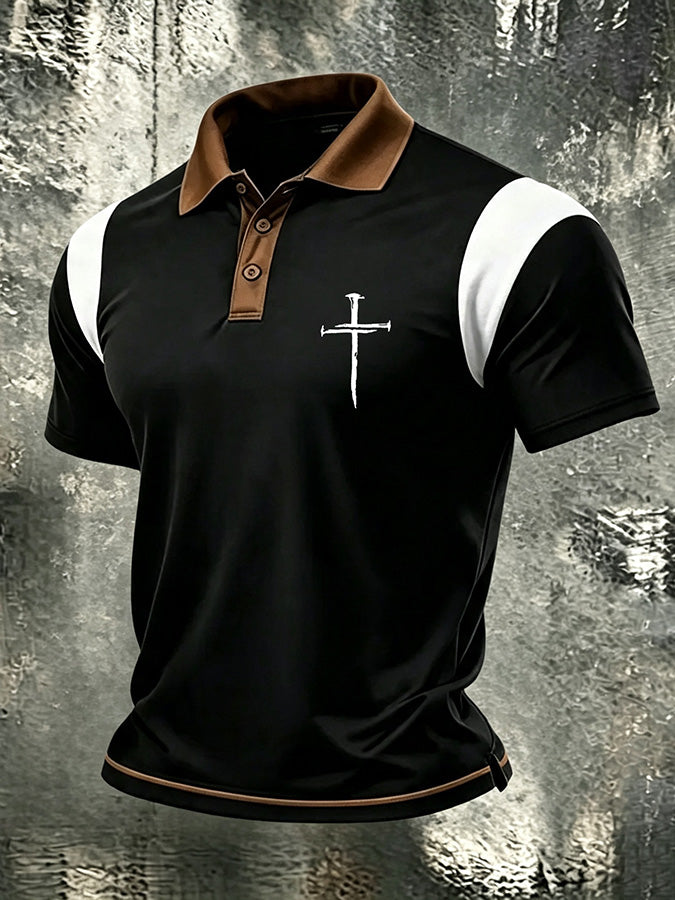 Men'S Faith Cross Splicing Collar Polo Shirt