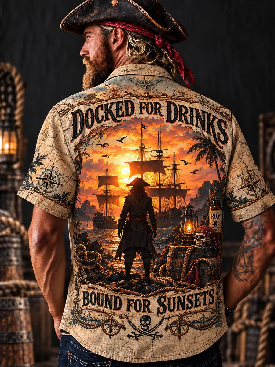 Men’s Vintage  "LOST AT SEA " Old Salt Pirate Short Sleeve Shirt