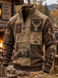 Men's Retro Deer Hunting Print Casual Zip-Up Sweatshirt