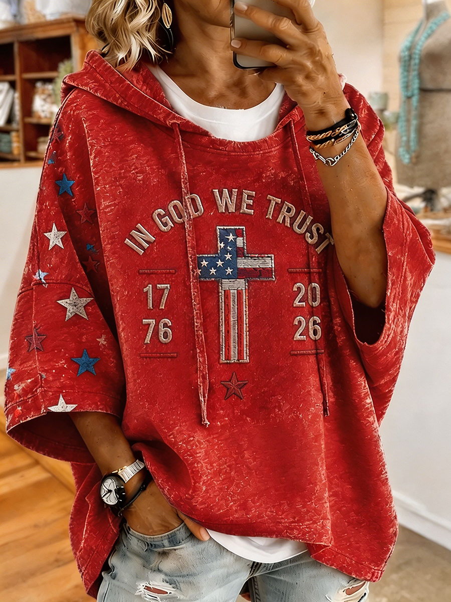 Women's In God We Trust 1776 2026 American Flag Cross Star Print Short Sleeve Hooded