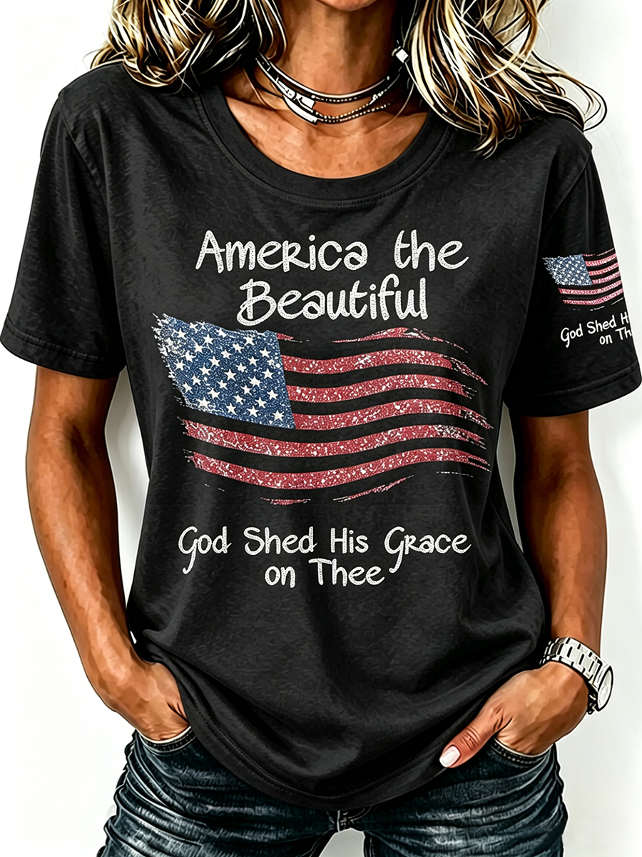 American Flag Faith Commemorative Printed Round Neck T-Shirt