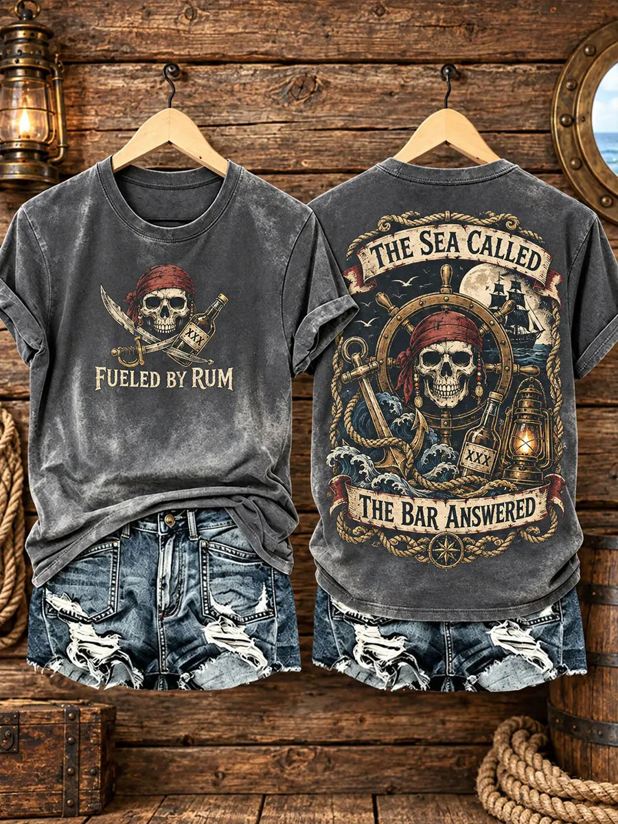 Women’s Vintage “The Sea Called, The Bar Answered” Pirate Skull Washed T-Shirt