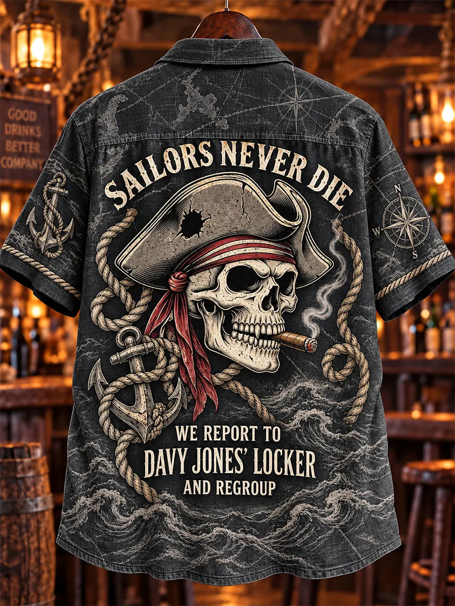 🏴‍☠️ 💀 "Sailors Never Die" Pirate Skull Denim Shirt⚓