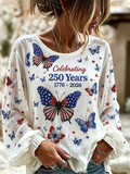 Women's American Flag Butterfly Round Neck Top