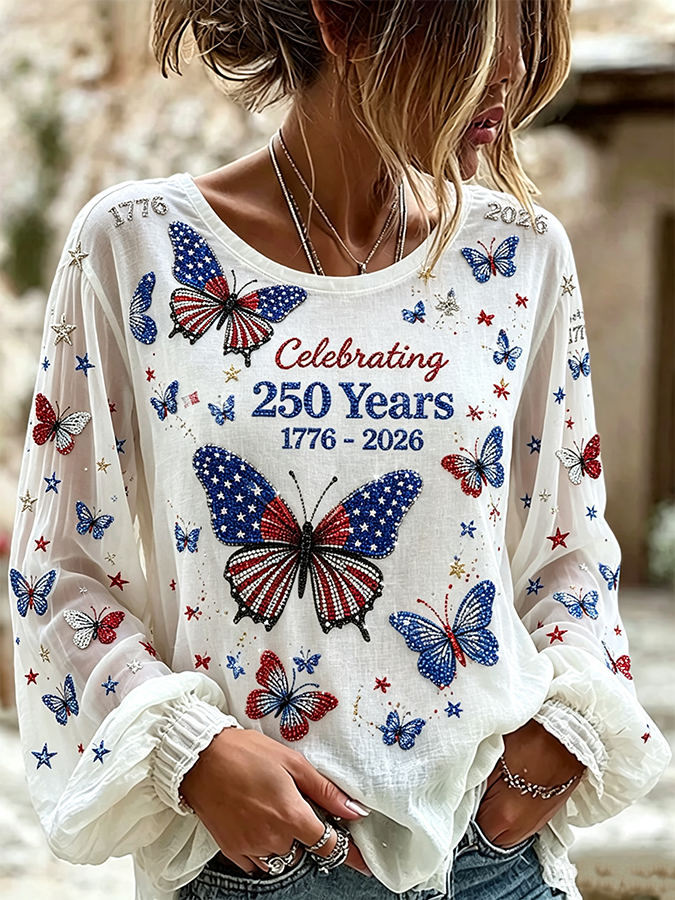 Women's American Flag Butterfly Round Neck Top