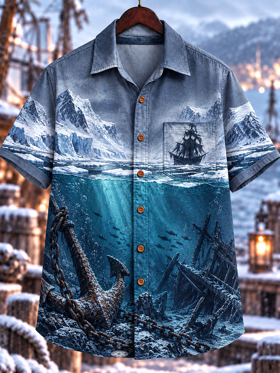 Men's Dark Arctic Ghost Ship & Pirate Skull Print Short Sleeve Shirt