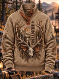 Hunting Antler Skull Mountain Button-Neck Sweatshirt