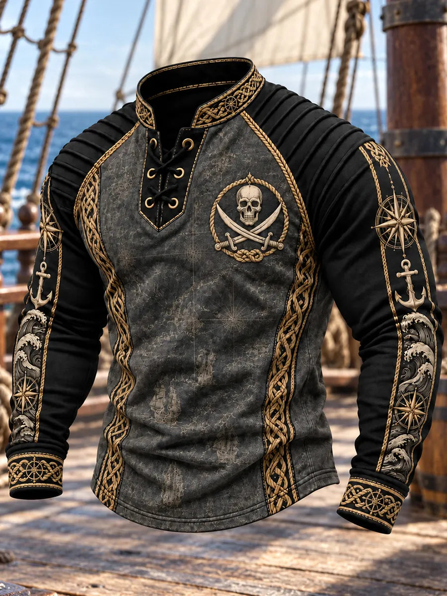 ⚓ Men's Nautical Compass & Skull Henley Shirt