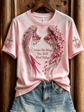 Women's Under His Wings You Will Find Refuge Floral Wings & Cross Print short-sleeved T-shirt