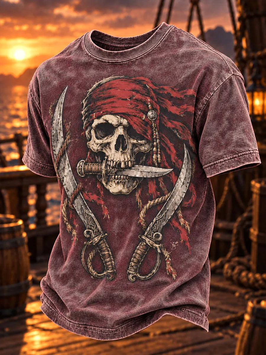 Vintage Pirate Skull Double Cutlass Washed Men’s T-Shirt