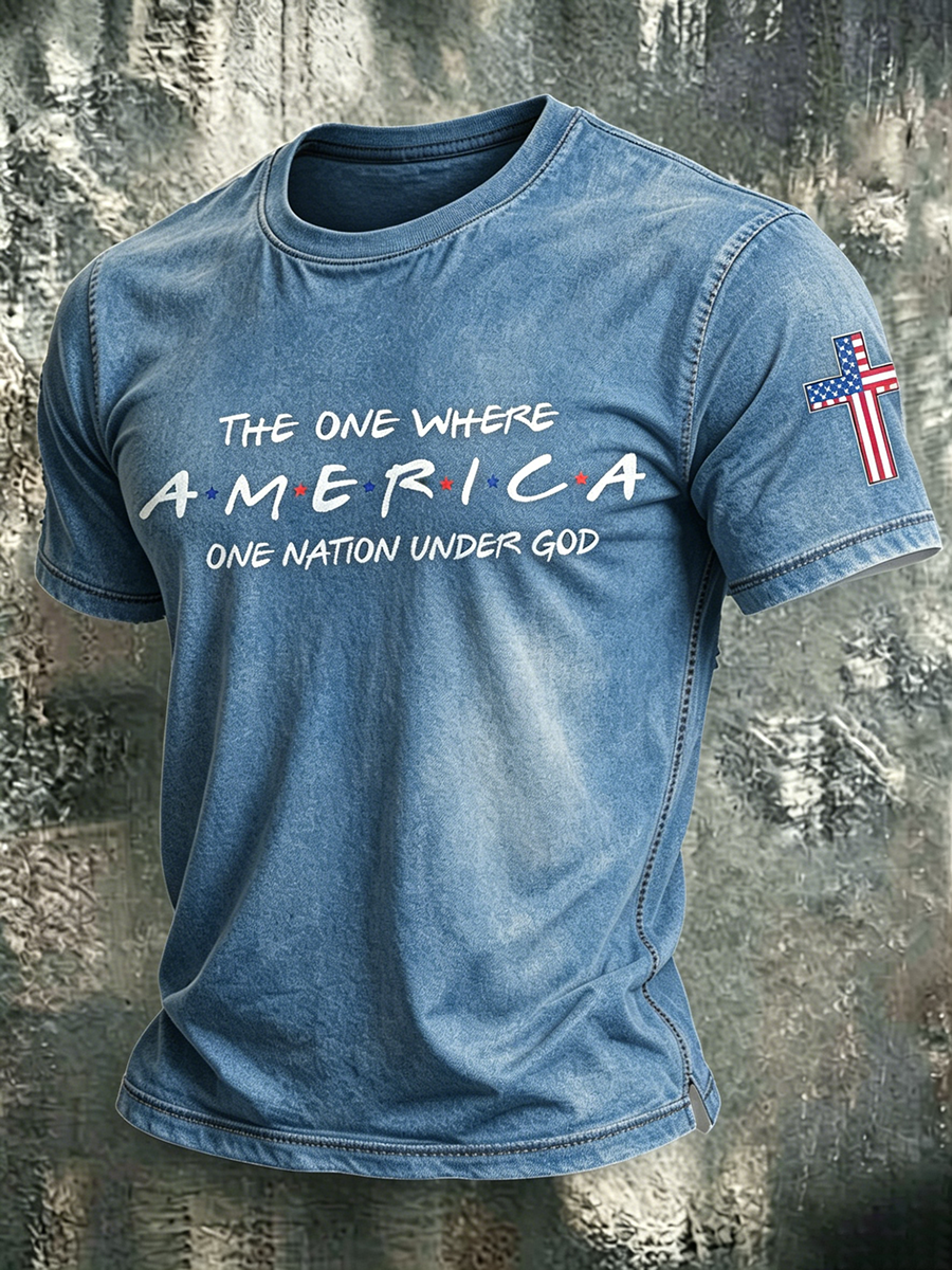 American Faith Cross Slogan Commemorative Print Round Neck T-Shirt