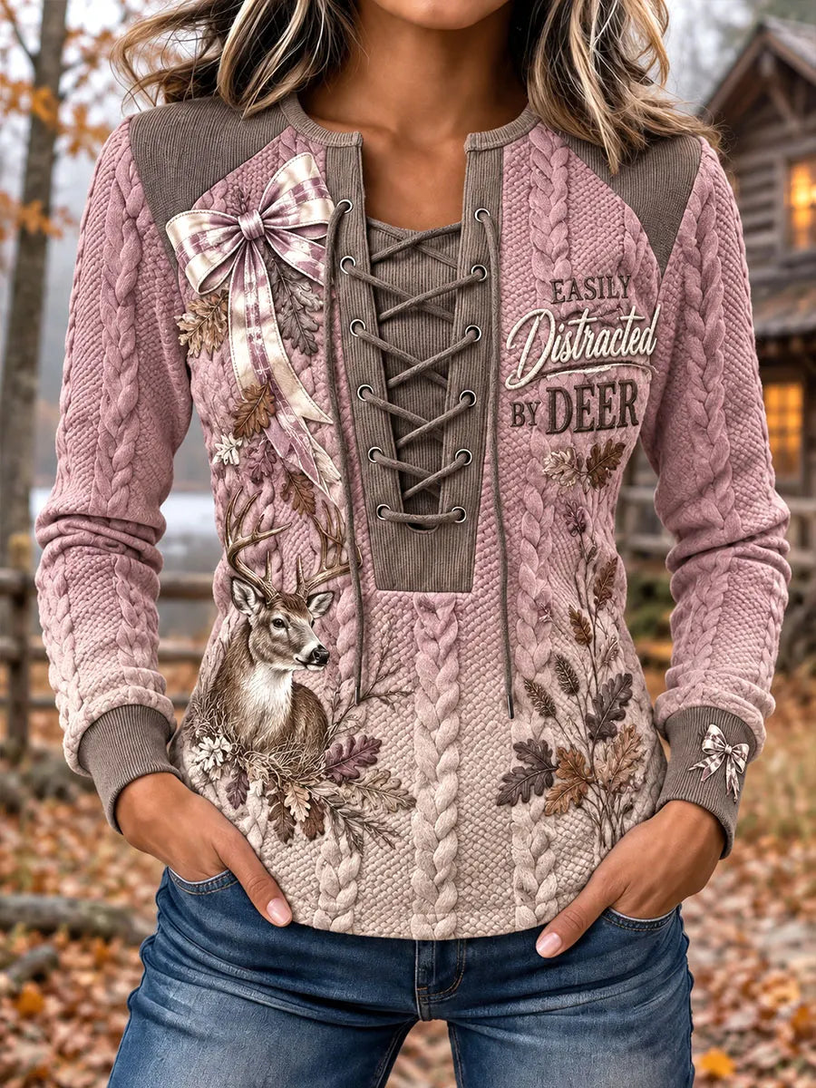 Women's Vintage Deer & Bow Stitch-Detail Sweatshirt