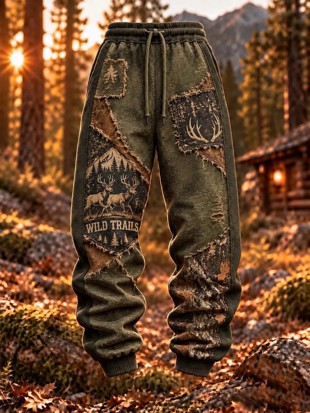 ⛰️ Wild Trails Deer Pair Mountain Patchwork Sweatpants