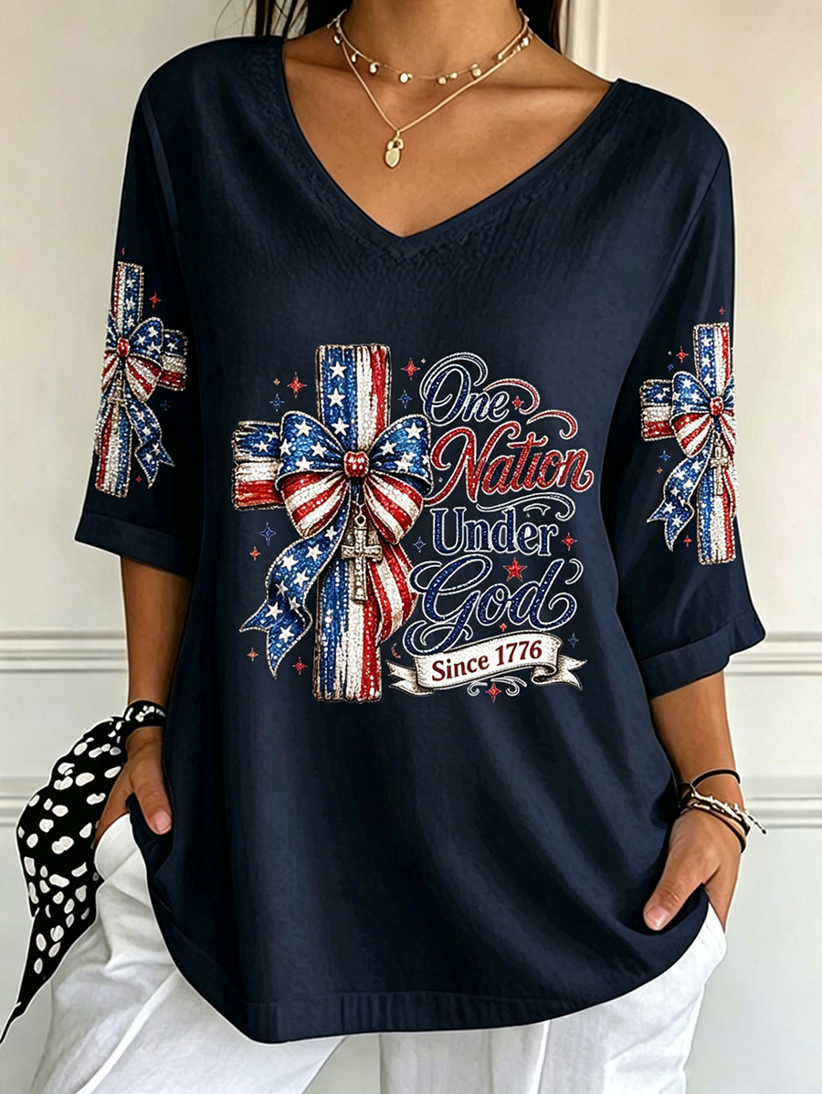 Women's God Family Country Flag Cross V Neck 3/4 Sleeve Casual Tee