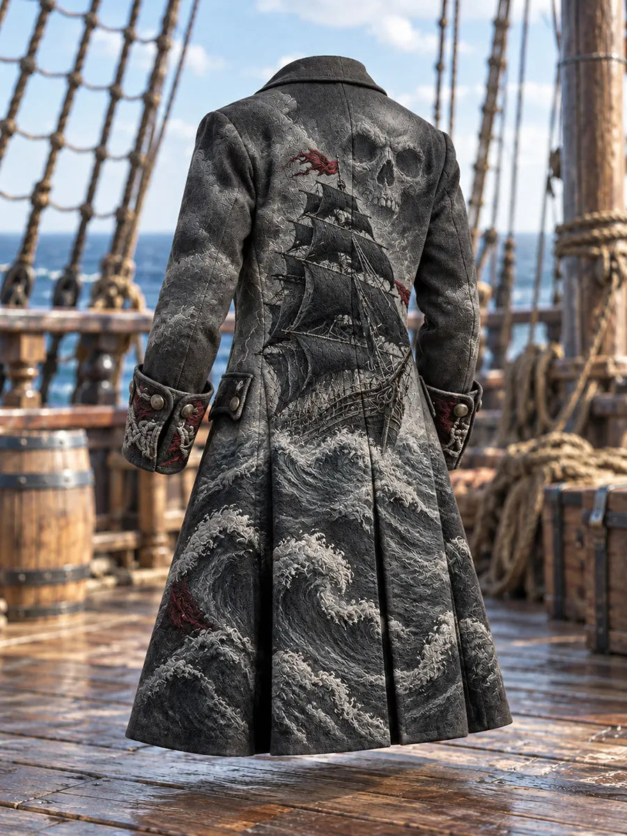 🏴‍☠️ Men's Ghost Ship & Skull Ocean Waves Pirate Coat