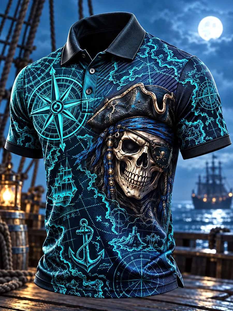Neon Blue Pirate Skull Nautical Map Men's Polo Shirt