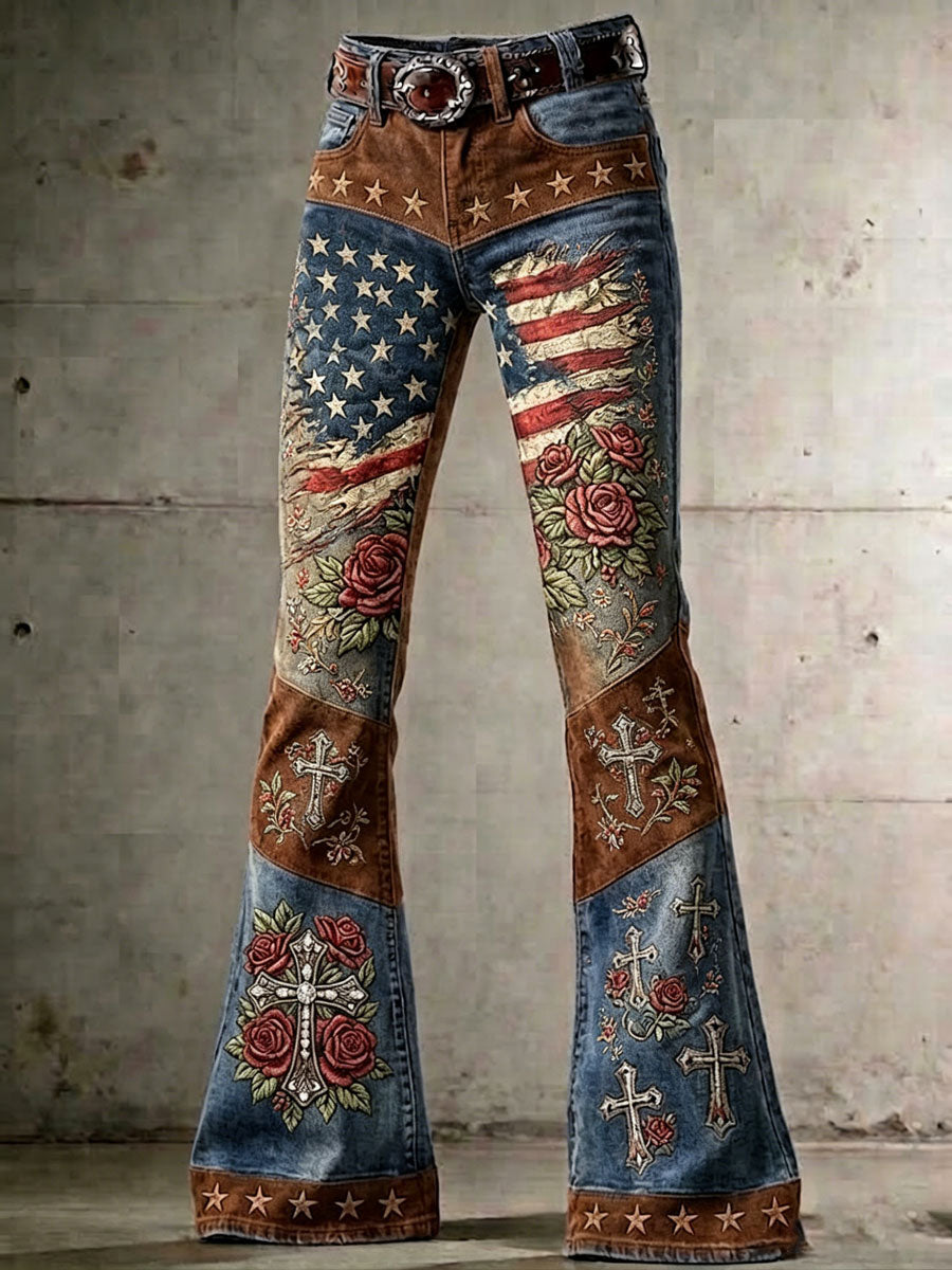 Women'S Western-Style High-Waisted Color-Block Flare Jeans