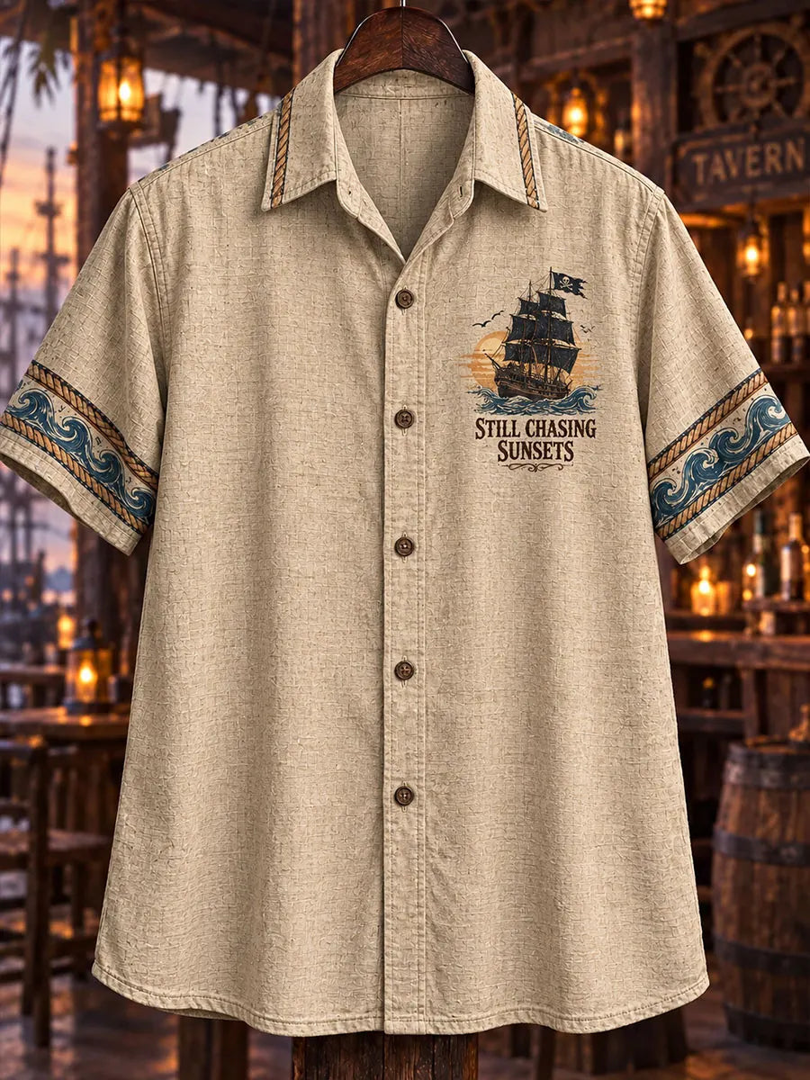 Men’s Vintage Sunset Harbor Pirate Ship Short Sleeve Shirt