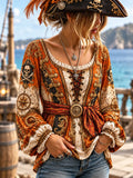 Women's Vintage-Style Pirate Art Print Casual Top