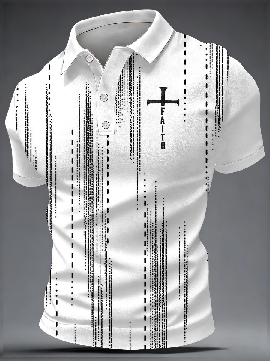 Men's Vintage Faith-Print Casual Polo Shirt