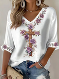 Women's faith embroidered printed top