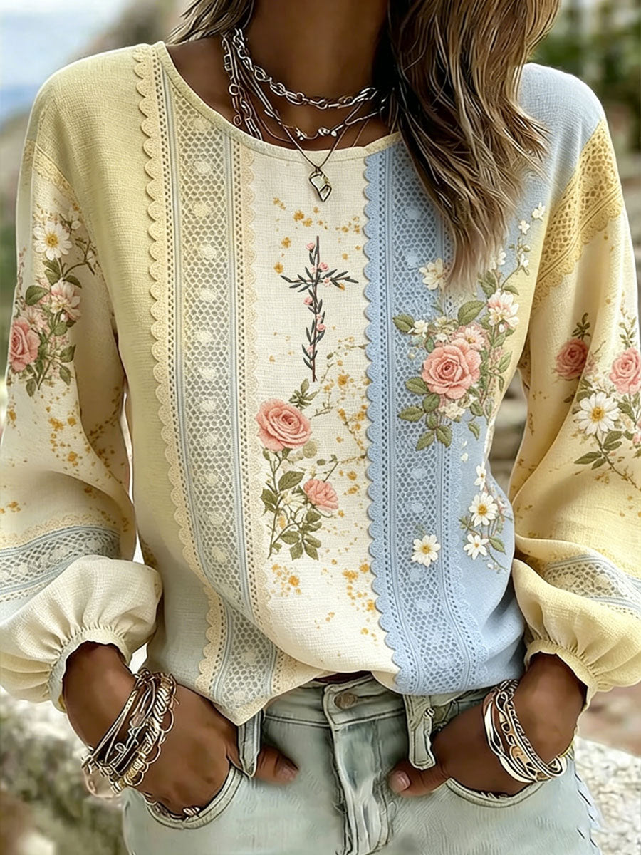 Women'S Casual Floral Faith Print Cotton Linen Top