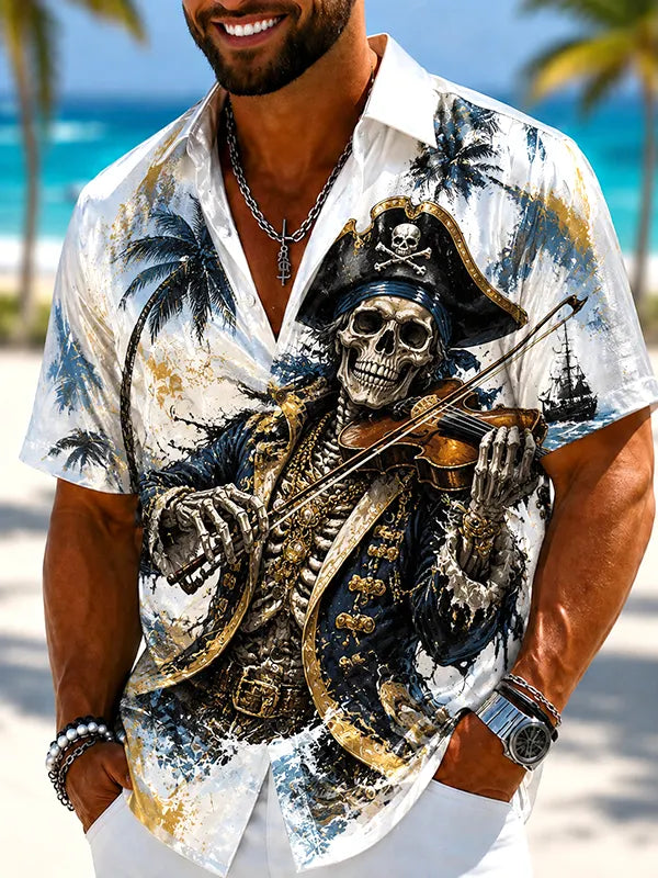Men's Captain Skull Pirate Playing The Violin Print Short Sleeve Shirt