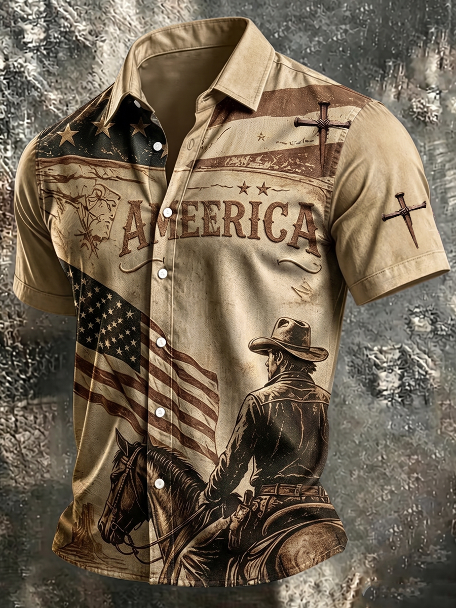Men'S Retro Patriotic Western Style Short Sleeved Shirt