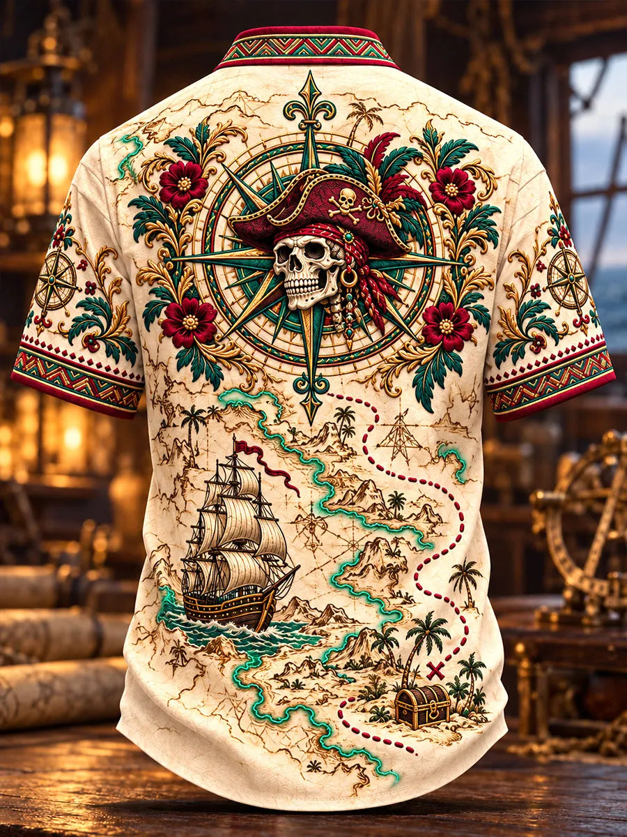 Treasure Map Pirate Skeleton Nautical Short Sleeve Shirt