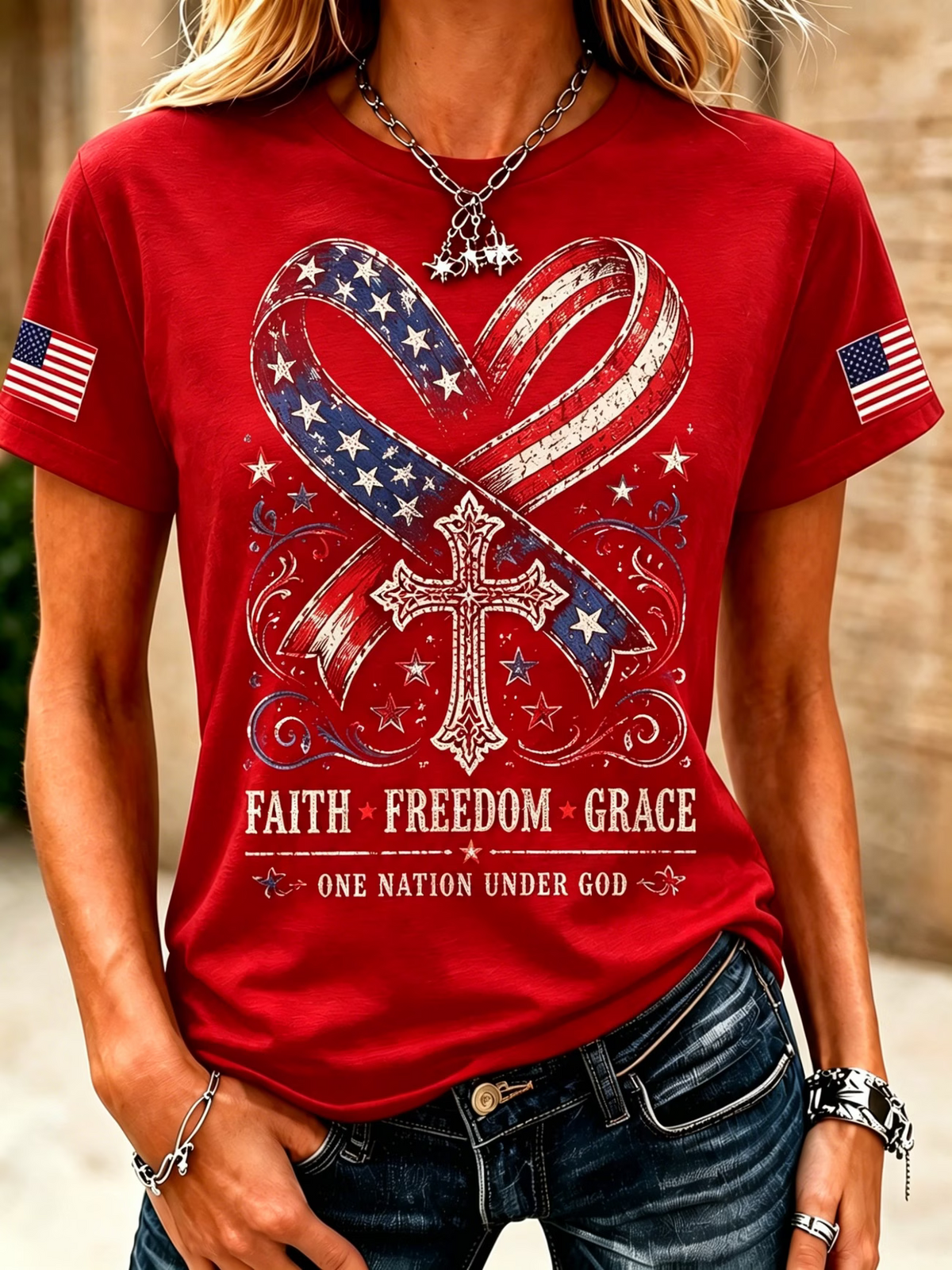 American Flag Faith Cross Commemorative Print Round Neck T-Shirt