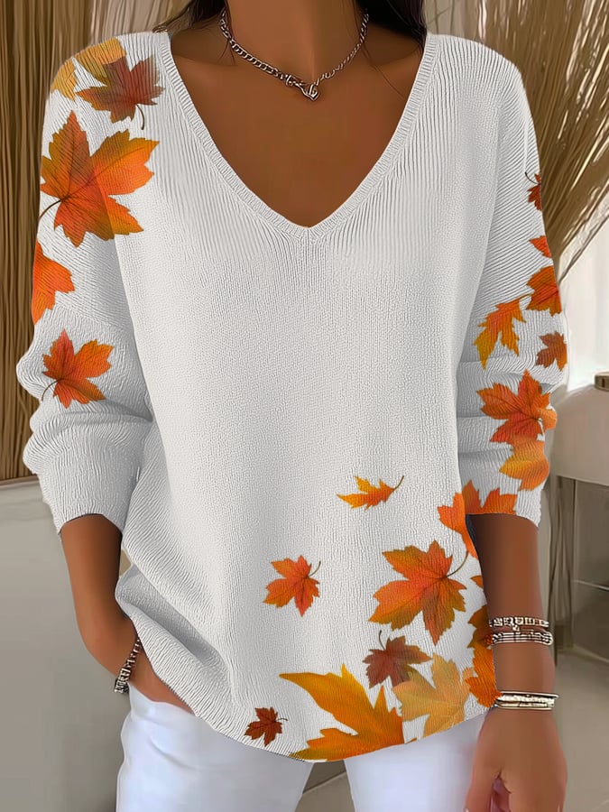 Women's Casual Retro Maple Leaf Striped Long-Sleeved Top