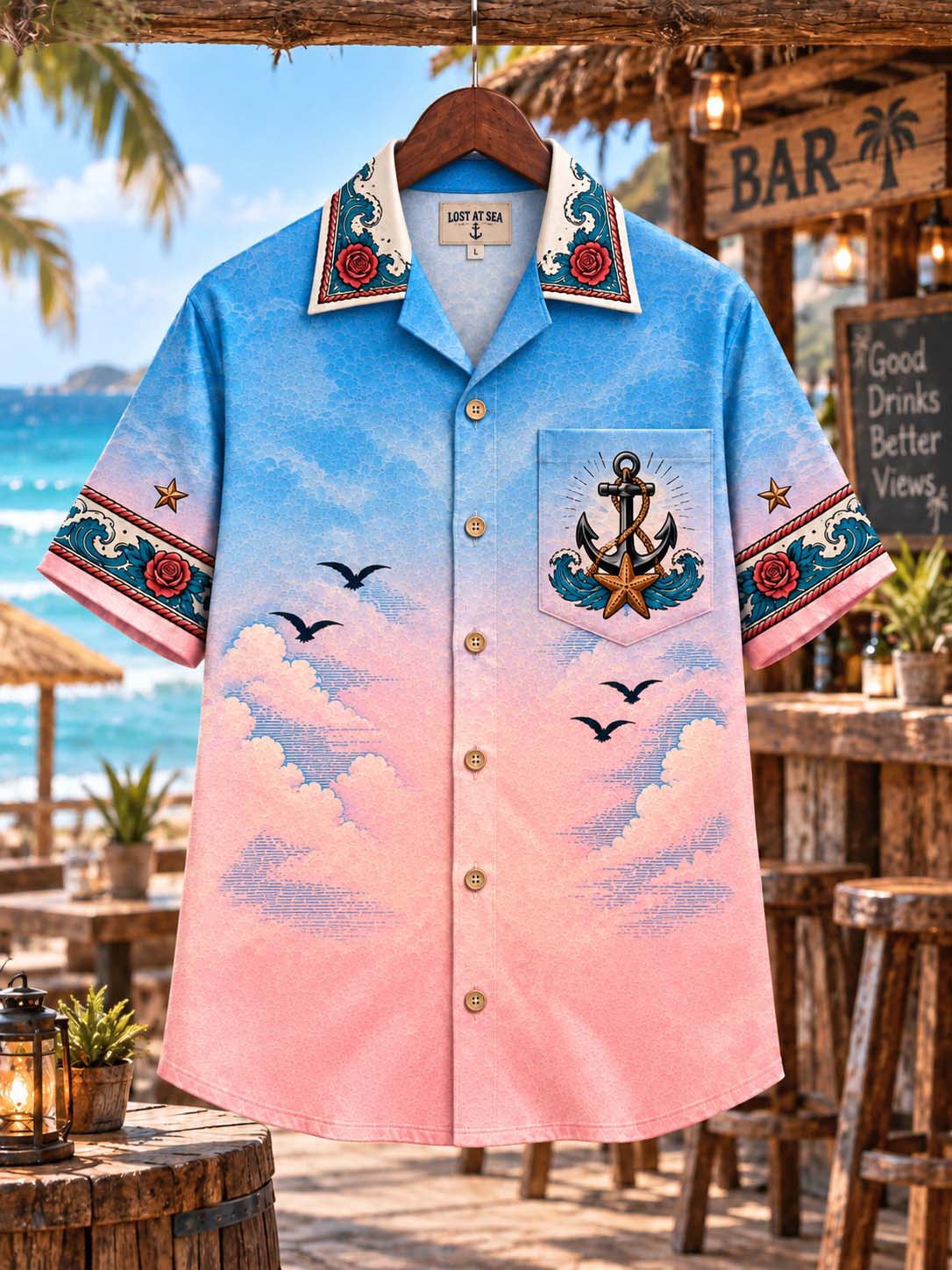 ⛵ Lost At Sea Found At The Bar Classic Sailing Ship Gradient Beach Shirt
