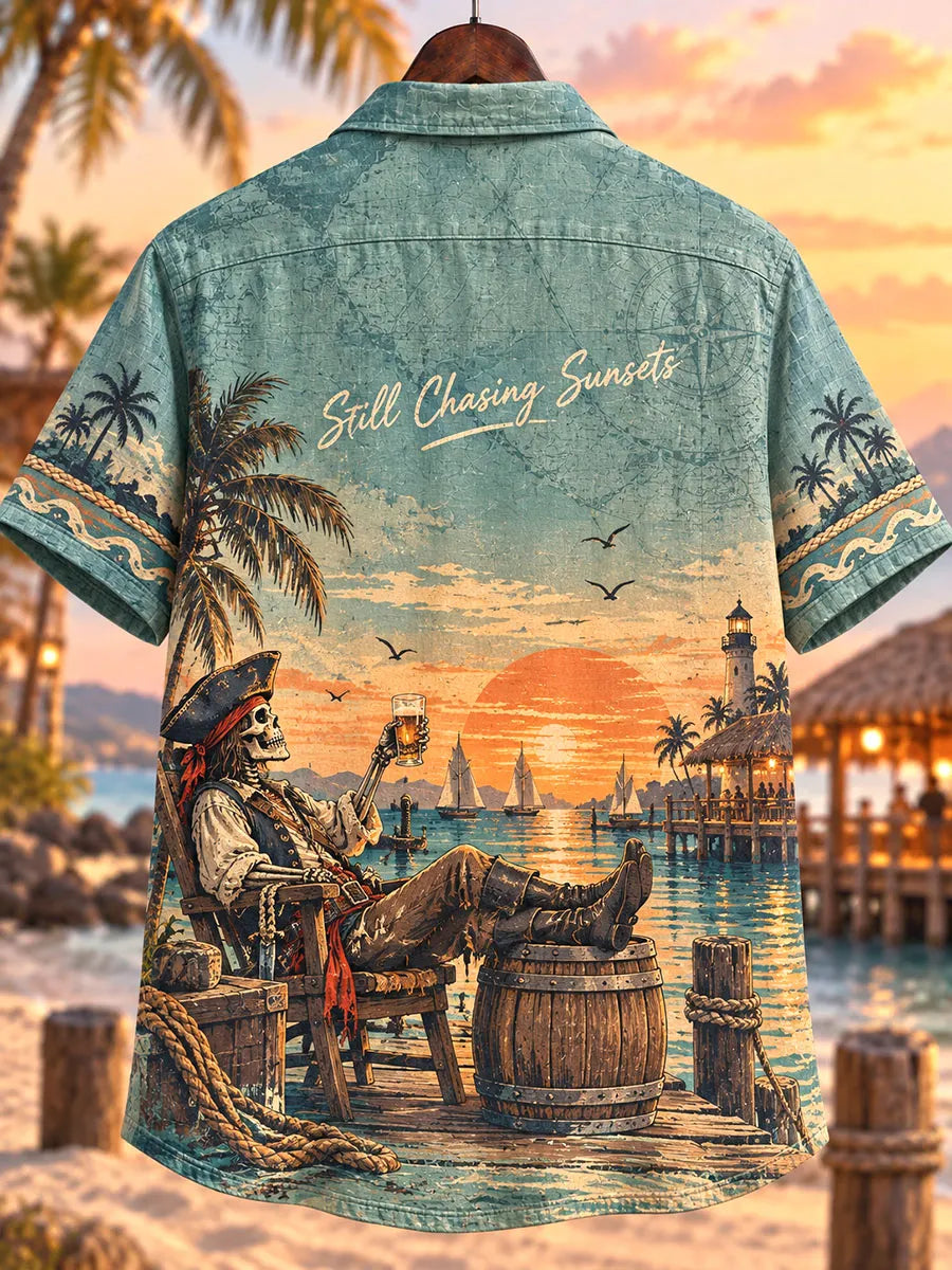 Tropical Island Sunset Pirate Skeleton Vacation Men’s Short Sleeve Shirt