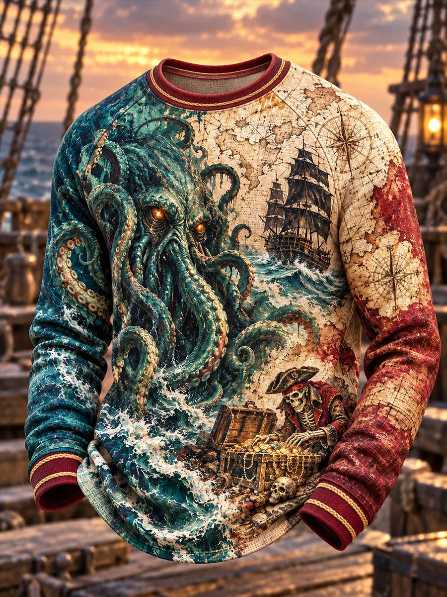 Deep Sea Octopus Pirate Skull Treasure Map Men's Vintage Long Sleeve Shirt