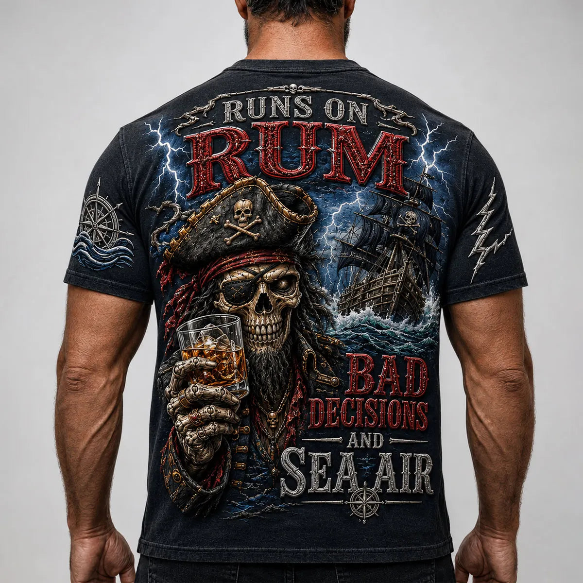Men’s Runs on Rum Bad Decisions and Sea Air Pirate Skeleton Graphic T-Shirt