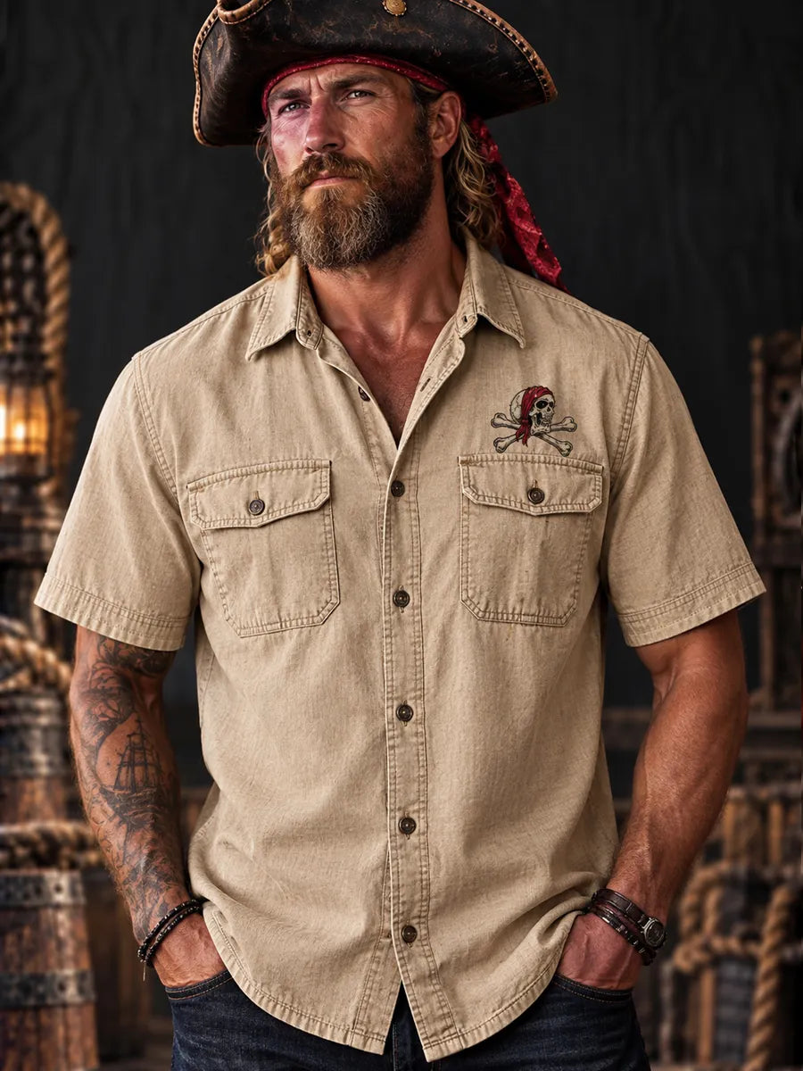 Men’s Vintage  "LOST AT SEA " Old Salt Pirate Short Sleeve Shirt