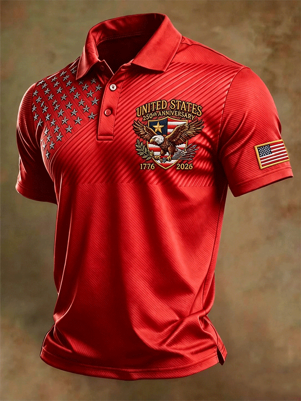 Men's United States 250th Anniversary Eagle Embroidered American Flag Sleeve Short Sleeve Polo Shirt