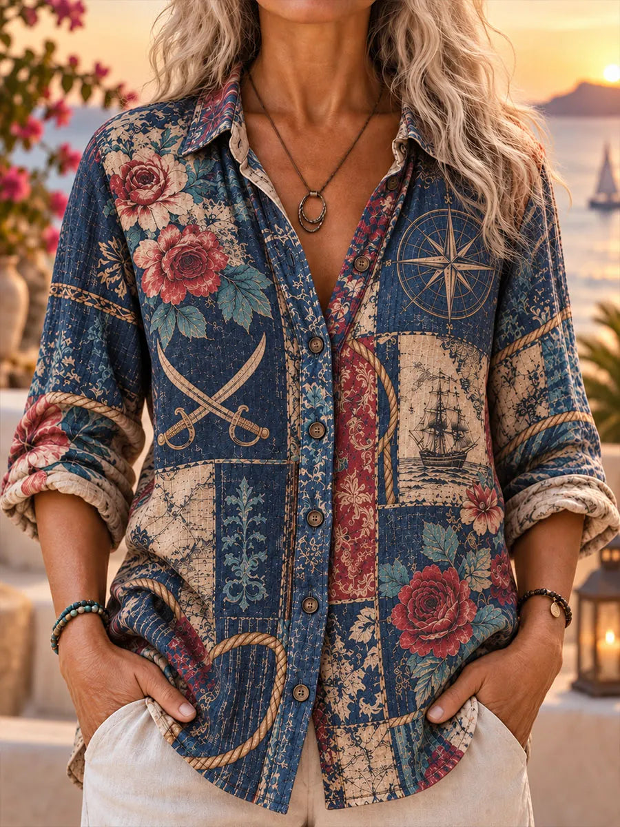 Vintage Nautical Patchwork Print Women’s Long-Sleeve Collared Shirt