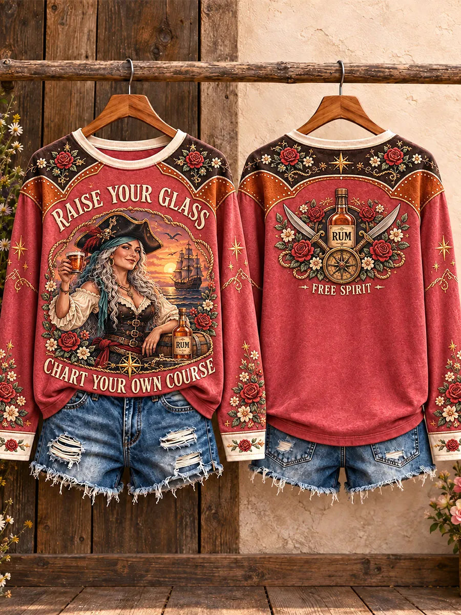 Pirate Woman Rum Rose Nautical Long Sleeve Top