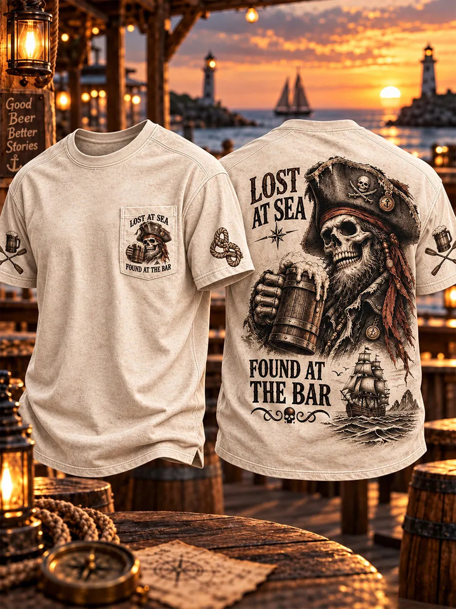Men’s Pirate Skull Bar Theme Pocket T-Shirt