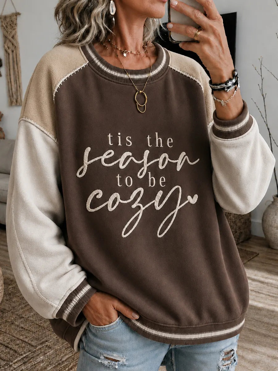 ☕ 'Tis The Season To Be Cozy Embroidery Look Colorblock Sweatshirt