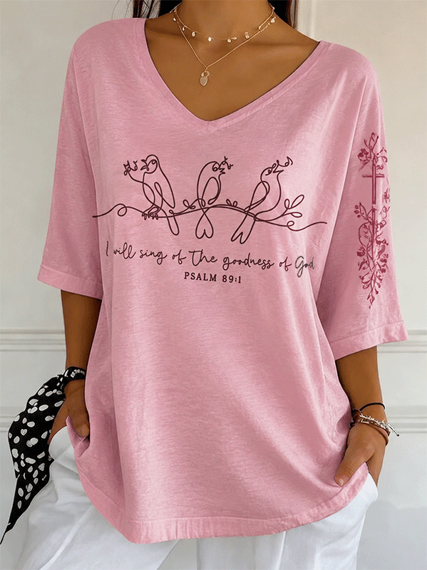 Women'S Psalm 89:1 I Will Sing Of The Goodness Of God Line Bird Floral Cross Sleeve T-Shirt