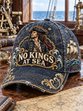👑 "No Kings at Sea" Pirate Captain Portrait & Ship Denim Cap