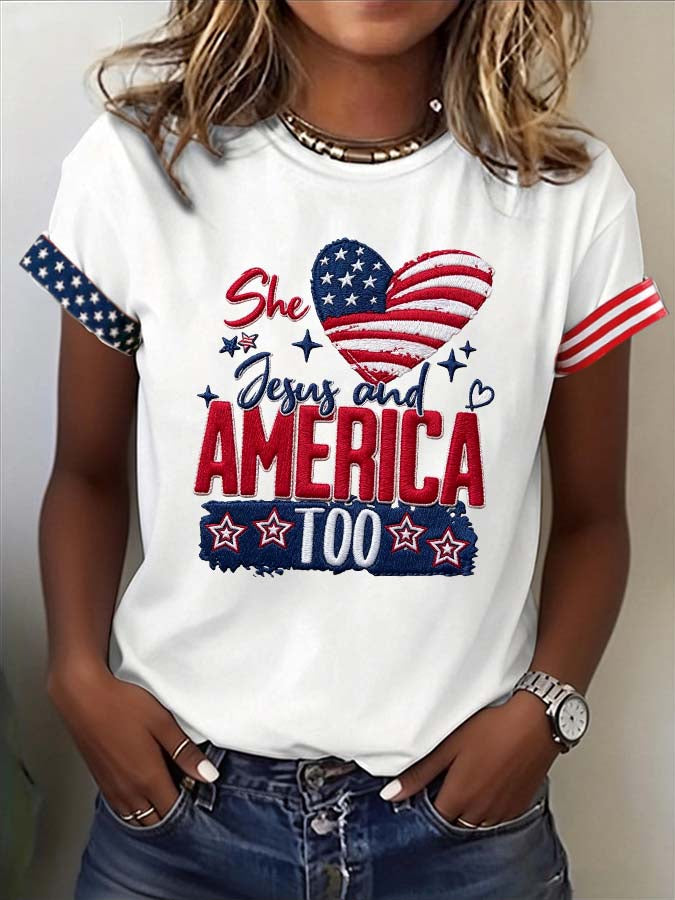 Women'S Western American Flag Love Jesus American Casual Round Neck T-Shirt