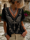 Women'S Floral Faith Art Cotton Linen V-Neck Short Sleeved Top