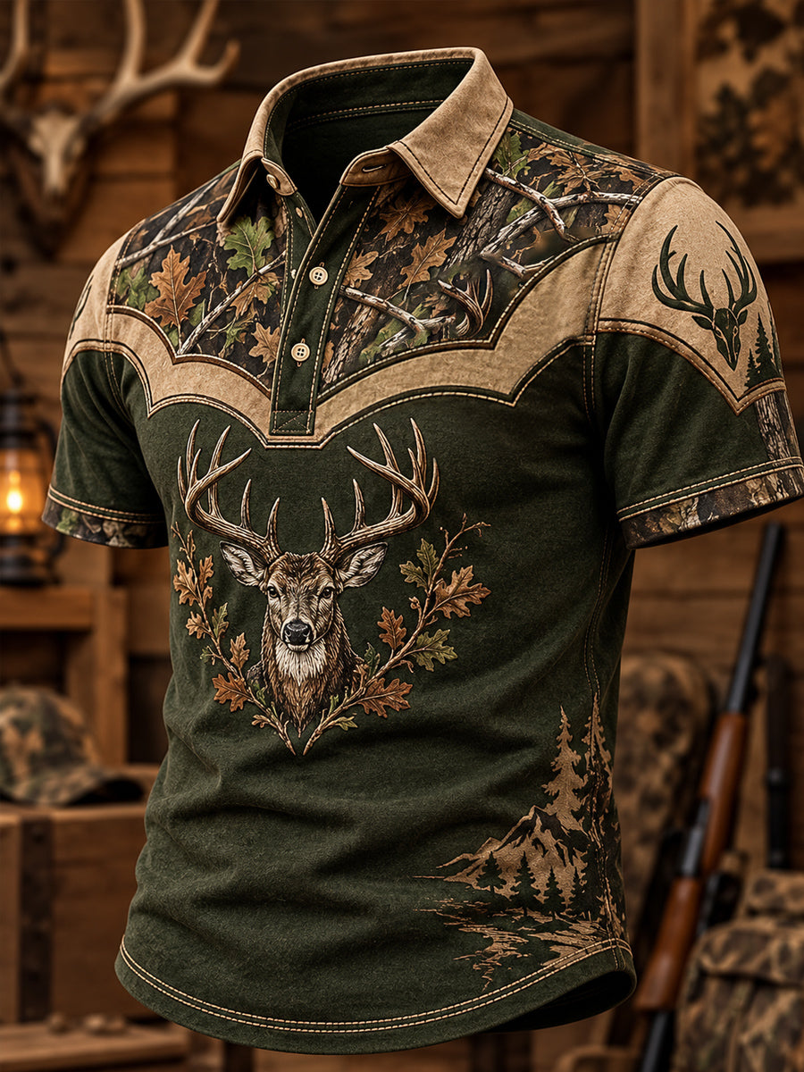 Men's Retro Hunting Culture Print Casual Short Sleeve Polo Shirt