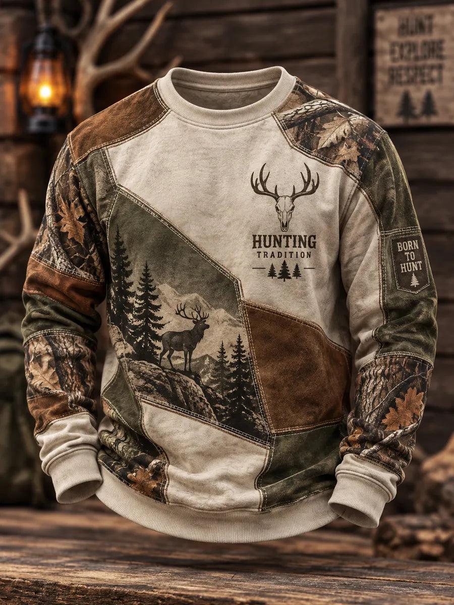 Retro Hunting Culture Print Crew Neck Sweatshirt