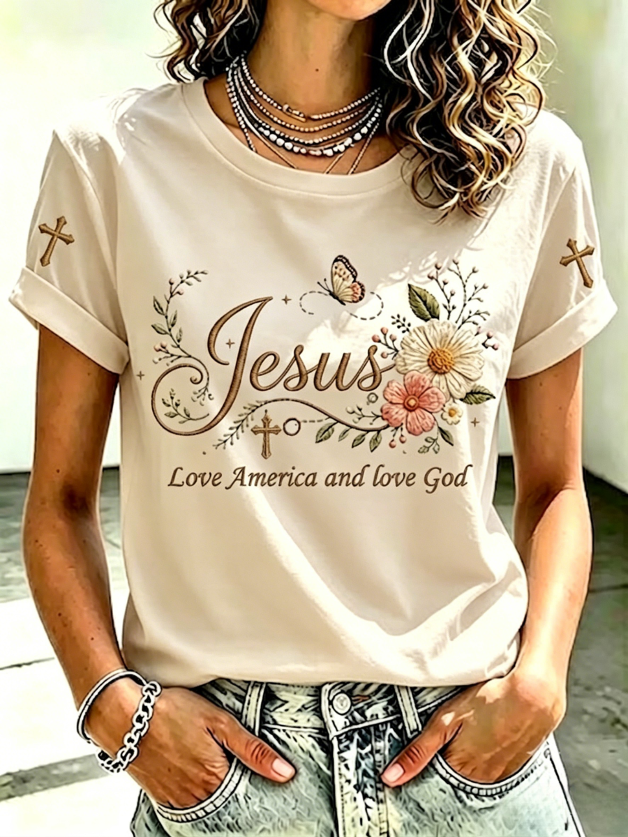 Women'S Faith Flower Embroidery Printed T-Shirt