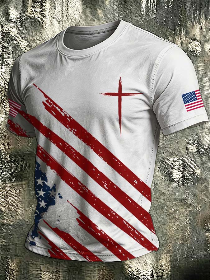 Men'S American Flag Cross Printed Short Sleeve T-Shirt